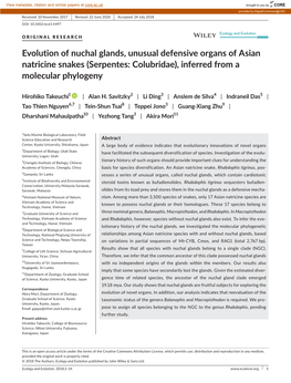 Evolution of Nuchal Glands, Unusual Defensive Organs of Asian Natricine Snakes (Serpentes: Colubridae), Inferred from a Molecular Phylogeny