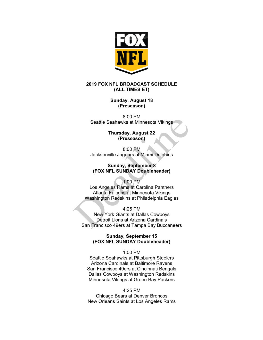 2019 Fox Nfl Broadcast Schedule (All Times Et)