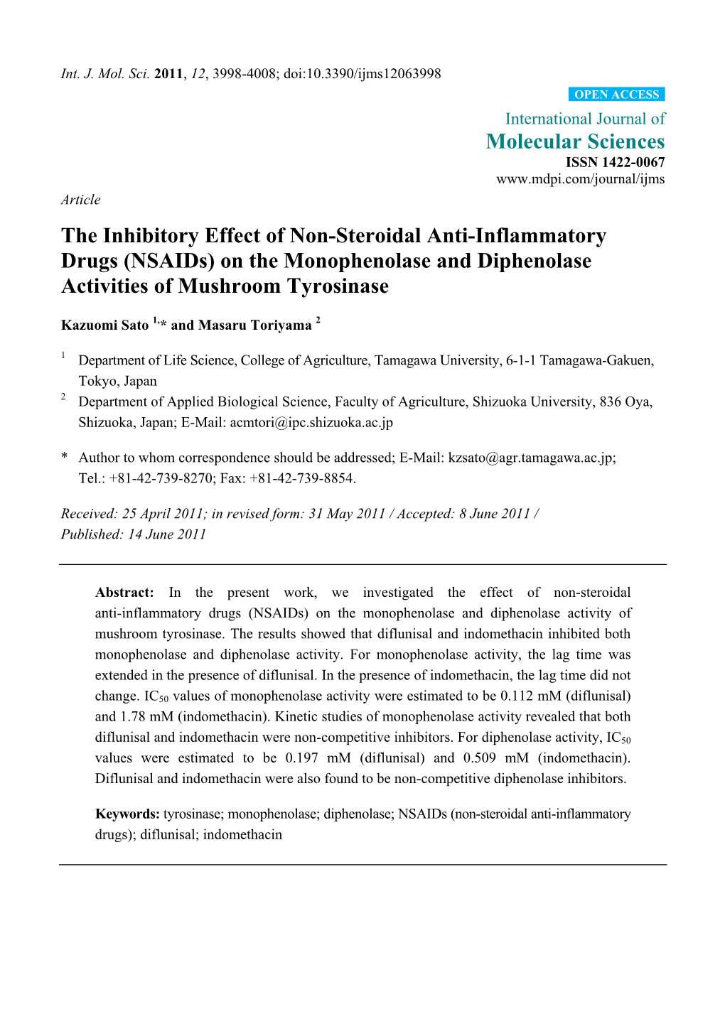 The Inhibitory Effect of Non-Steroidal Anti-Inflammatory Drugs (Nsaids) on the Monophenolase and Diphenolase Activities of Mushroom Tyrosinase