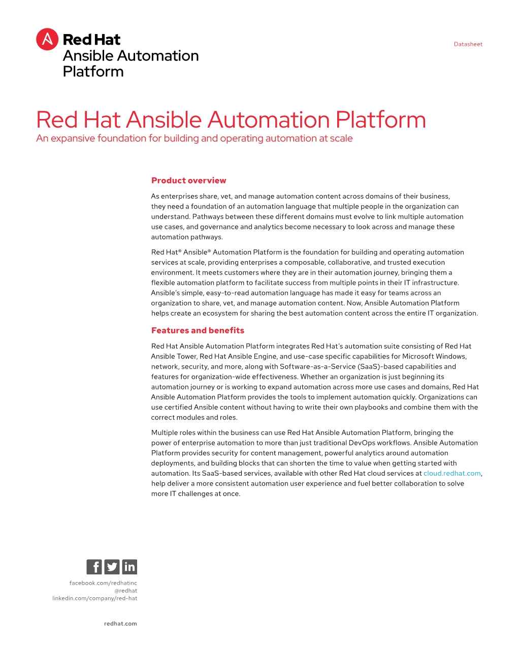Red Hat Ansible Automation Platform an Expansive Foundation for Building and Operating Automation at Scale