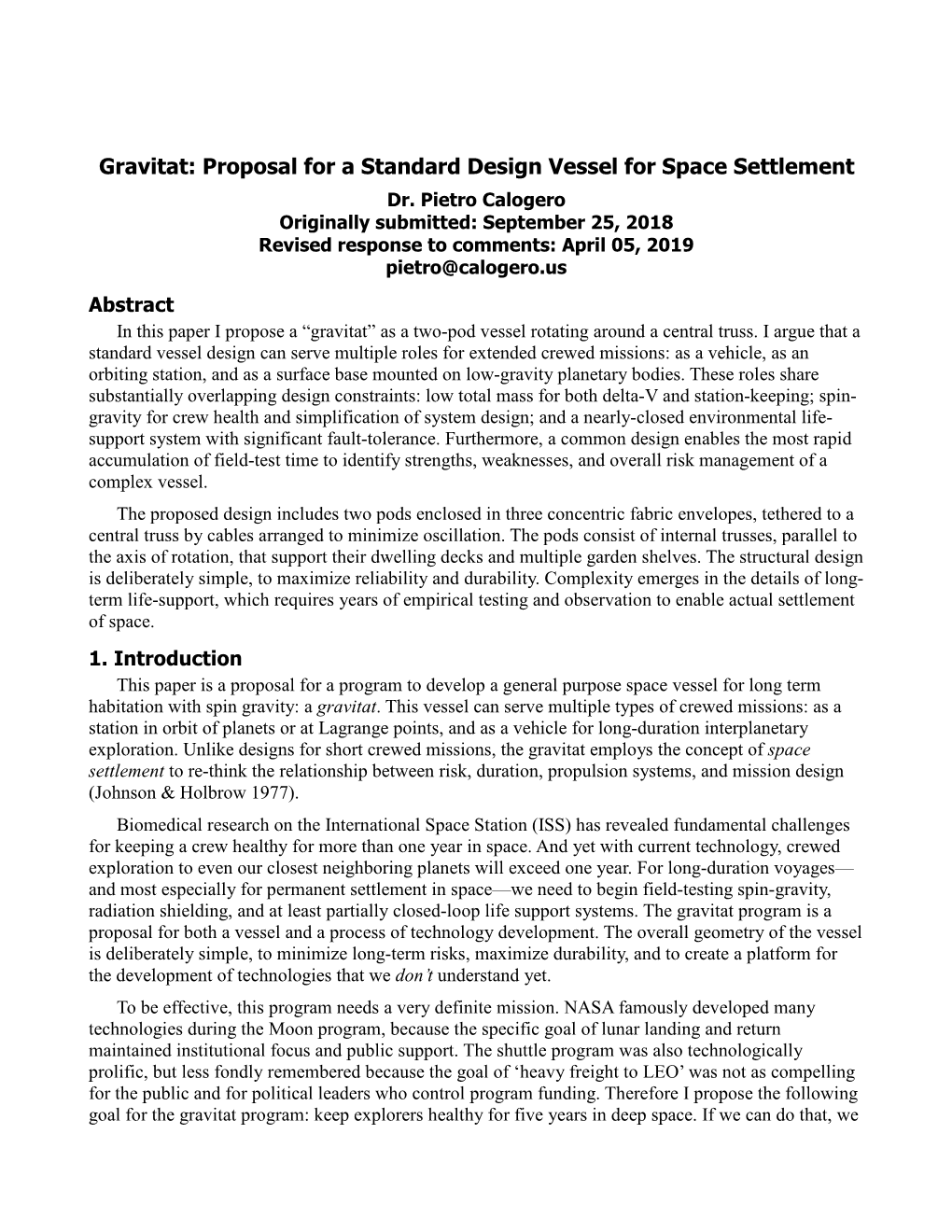 Gravitat: Proposal for a Standard Design Vessel for Space Settlement Dr