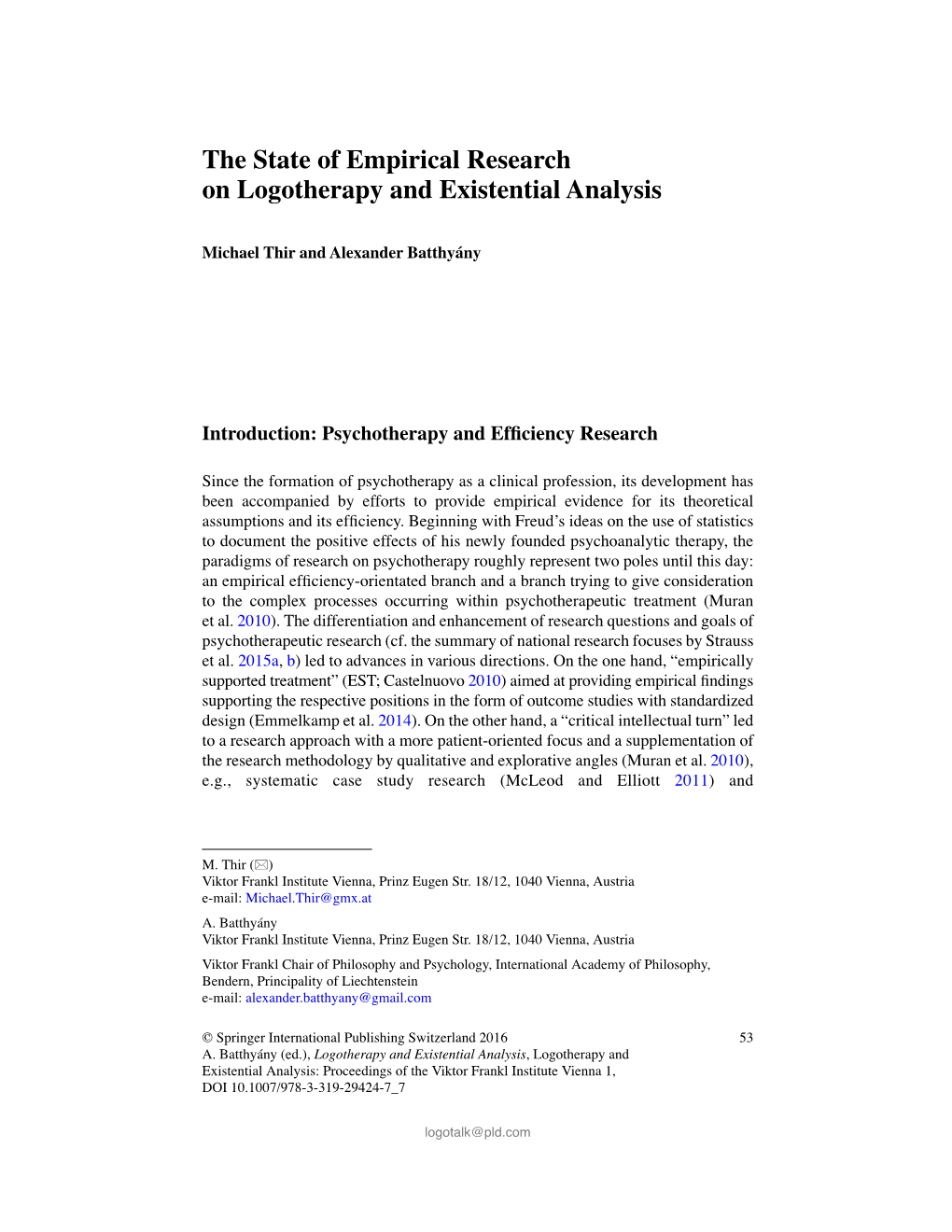 The State of Empirical Research on Logotherapy and Existential Analysis