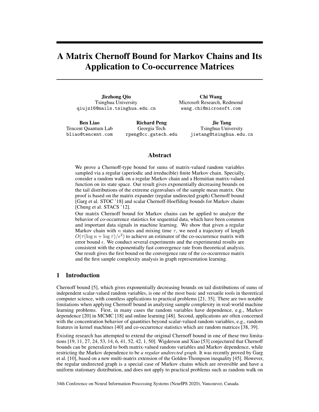 A Matrix Chernoff Bound for Markov Chains and Its Application to Co-Occurrence Matrices