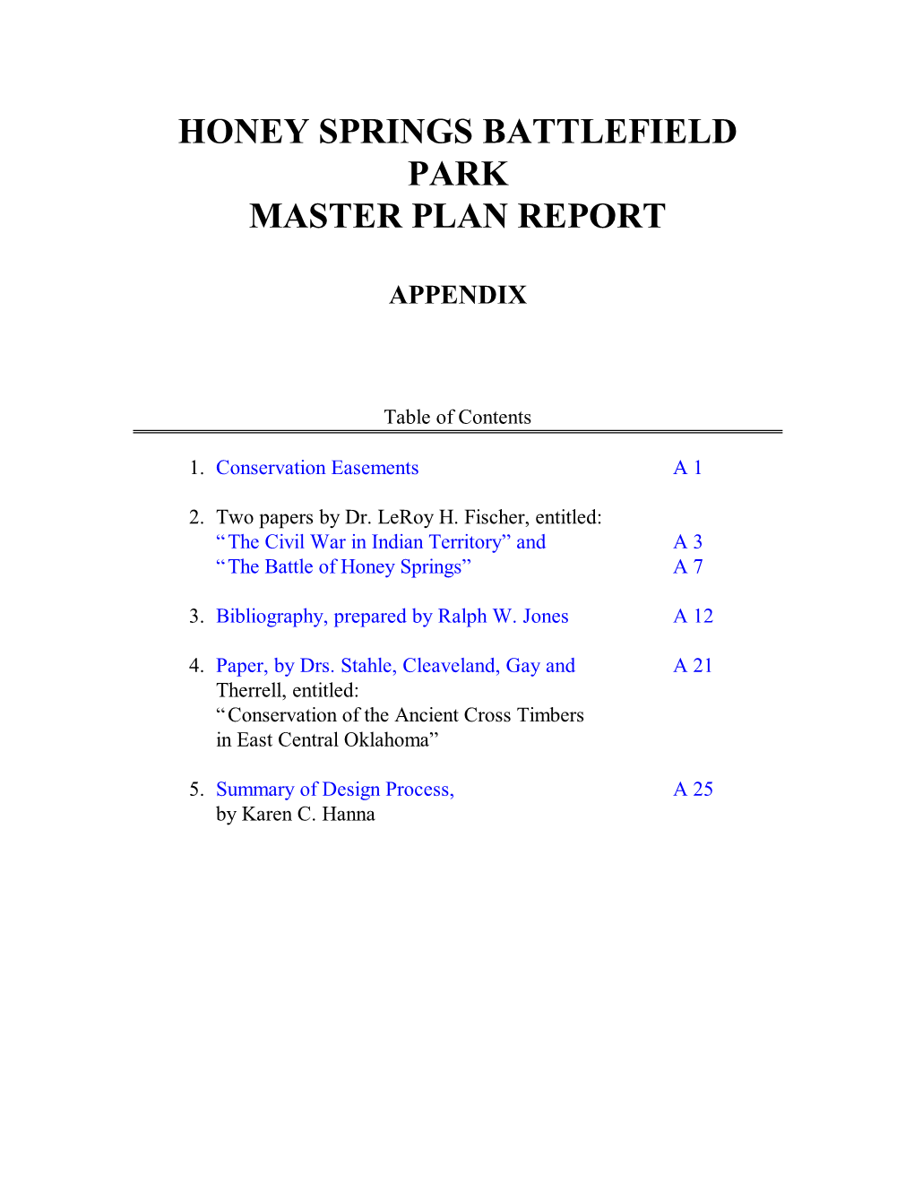 Honey Springs Battlefield Park Master Plan Report