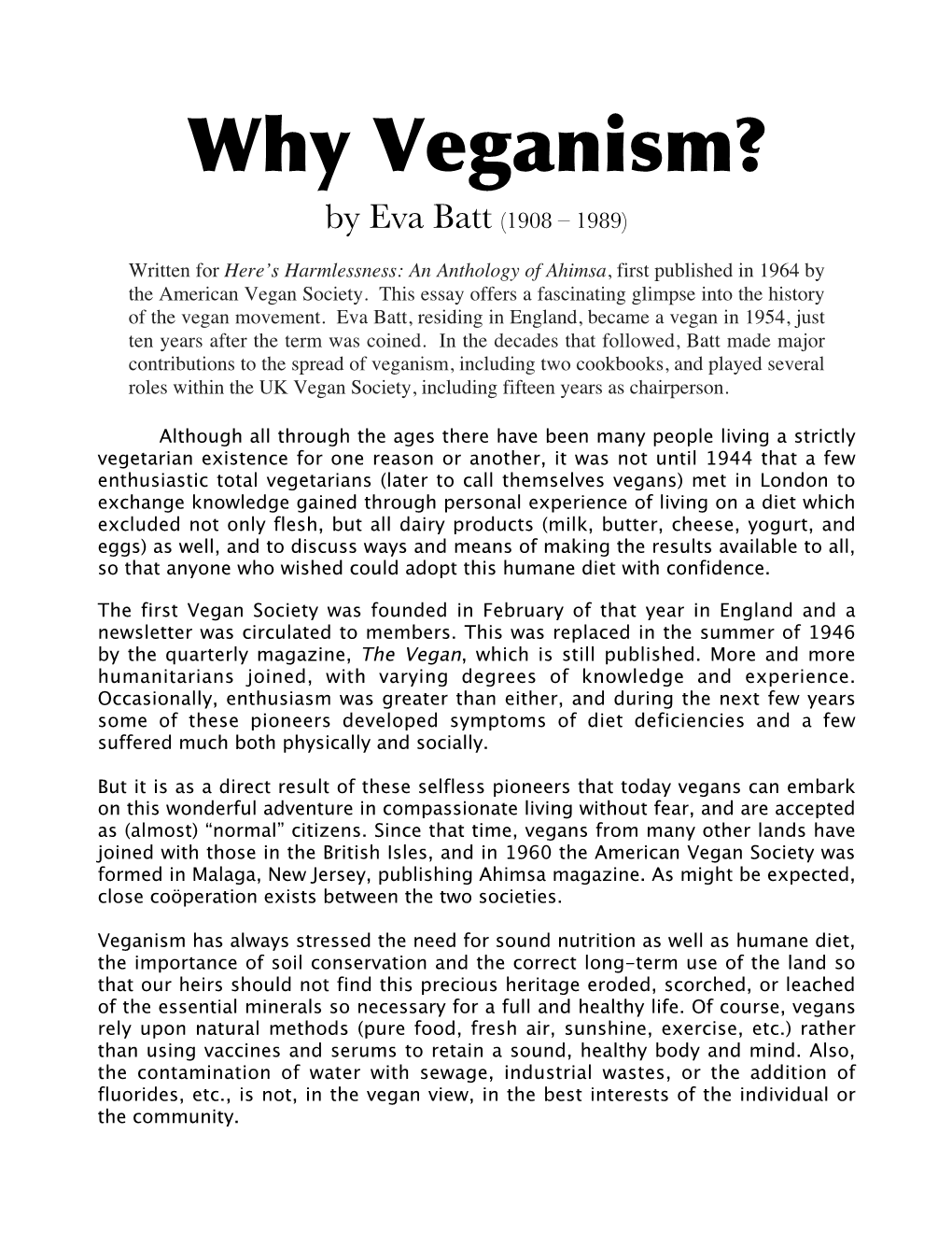 Why Veganism? by Eva Batt (1908 – 1989)