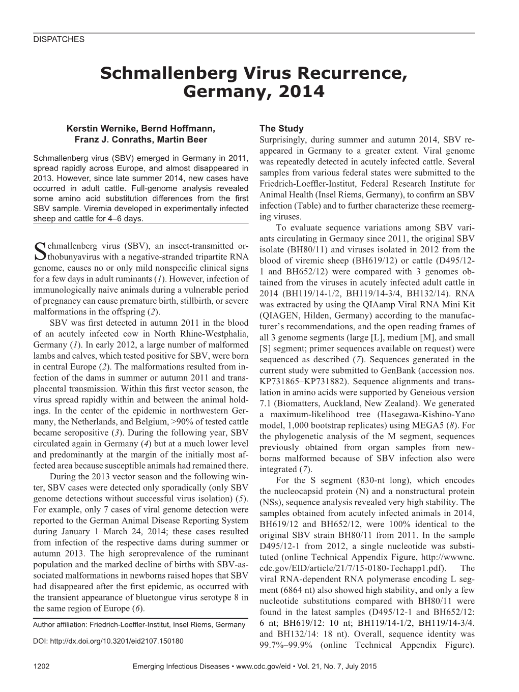 Schmallenberg Virus Recurrence, Germany, 2014