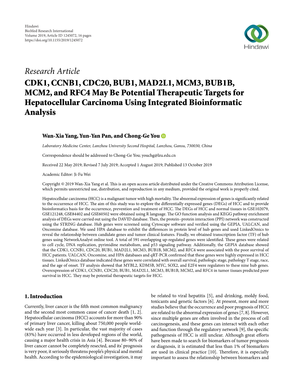Research Article CDK1, CCNB1, CDC20, BUB1, MAD2L1, MCM3