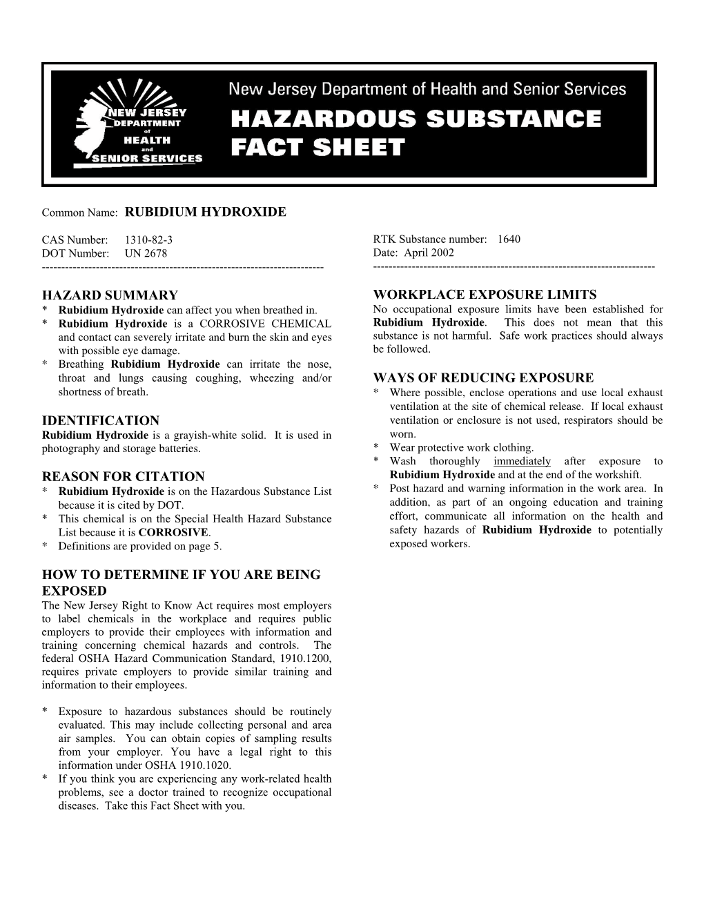 Rubidium Hydroxide Hazard Summary Identification