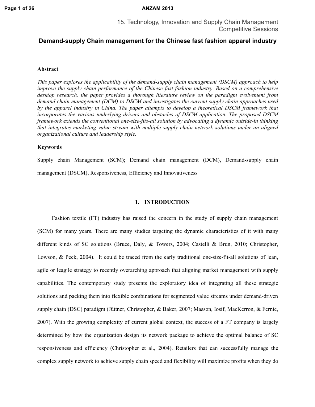 15. Technology, Innovation and Supply Chain Management Competitive Sessions Demand-Supply Chain Management for the Chinese Fast Fashion Apparel Industry