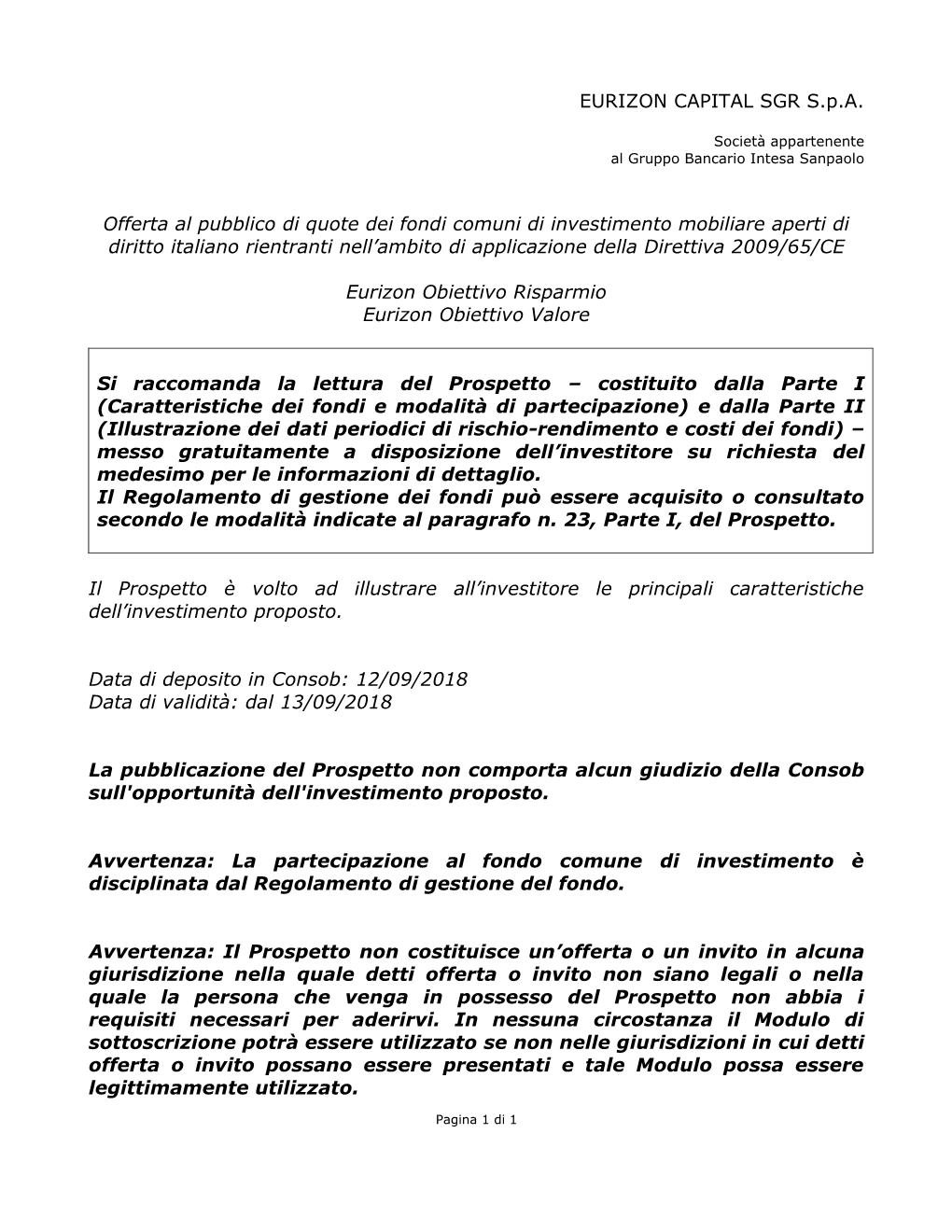 EURIZON CAPITAL SGR S.P.A. Offerta Al Pubblico Di Quote Dei