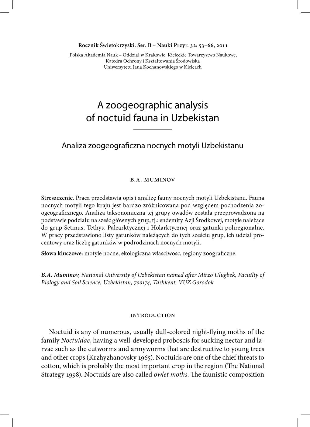 A Zoogeographic Analysis of Noctuid Fauna in Uzbekistan