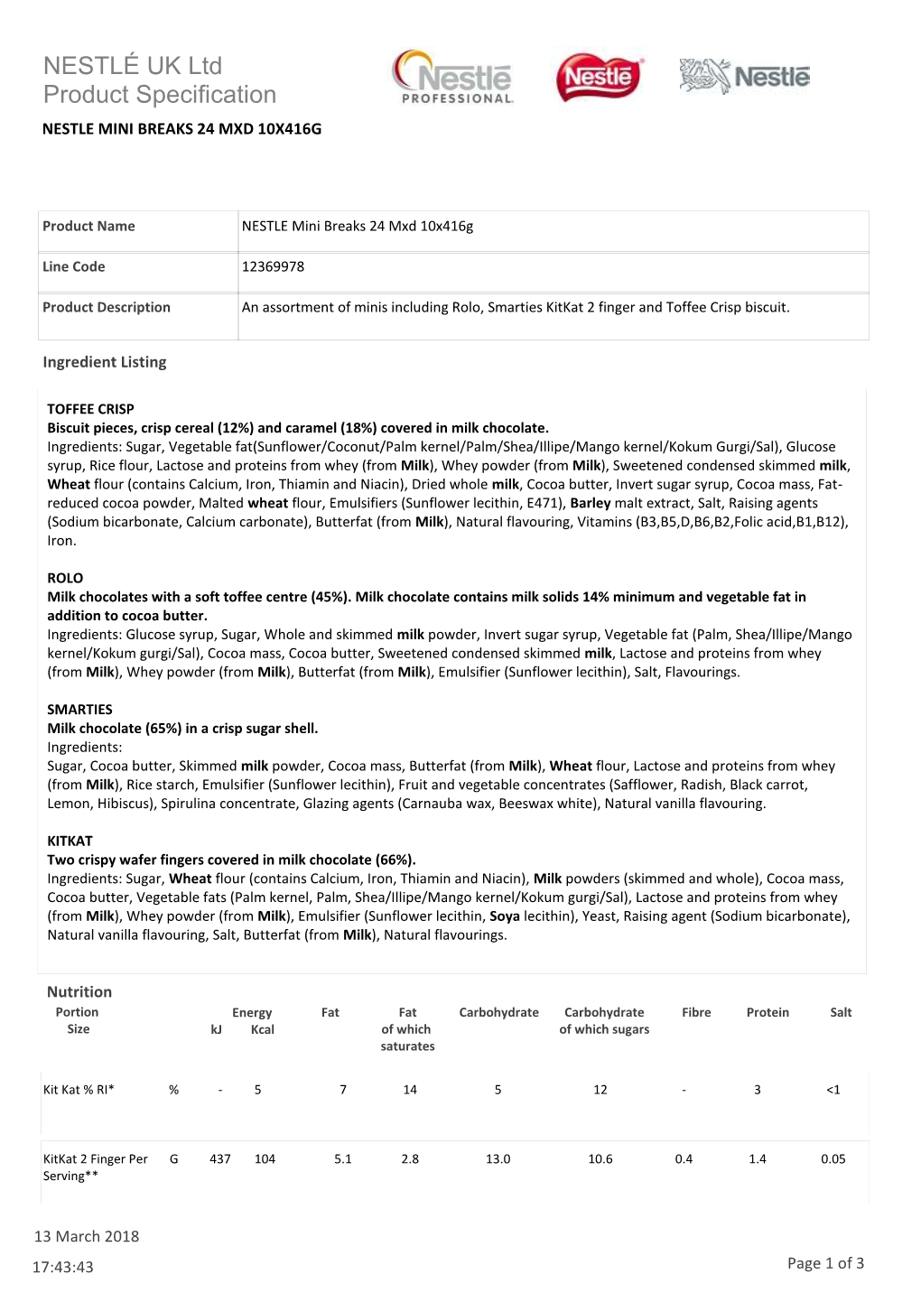 NESTLÉ UK Ltd Product Specification NESTLE MINI BREAKS 24 MXD 10X416G