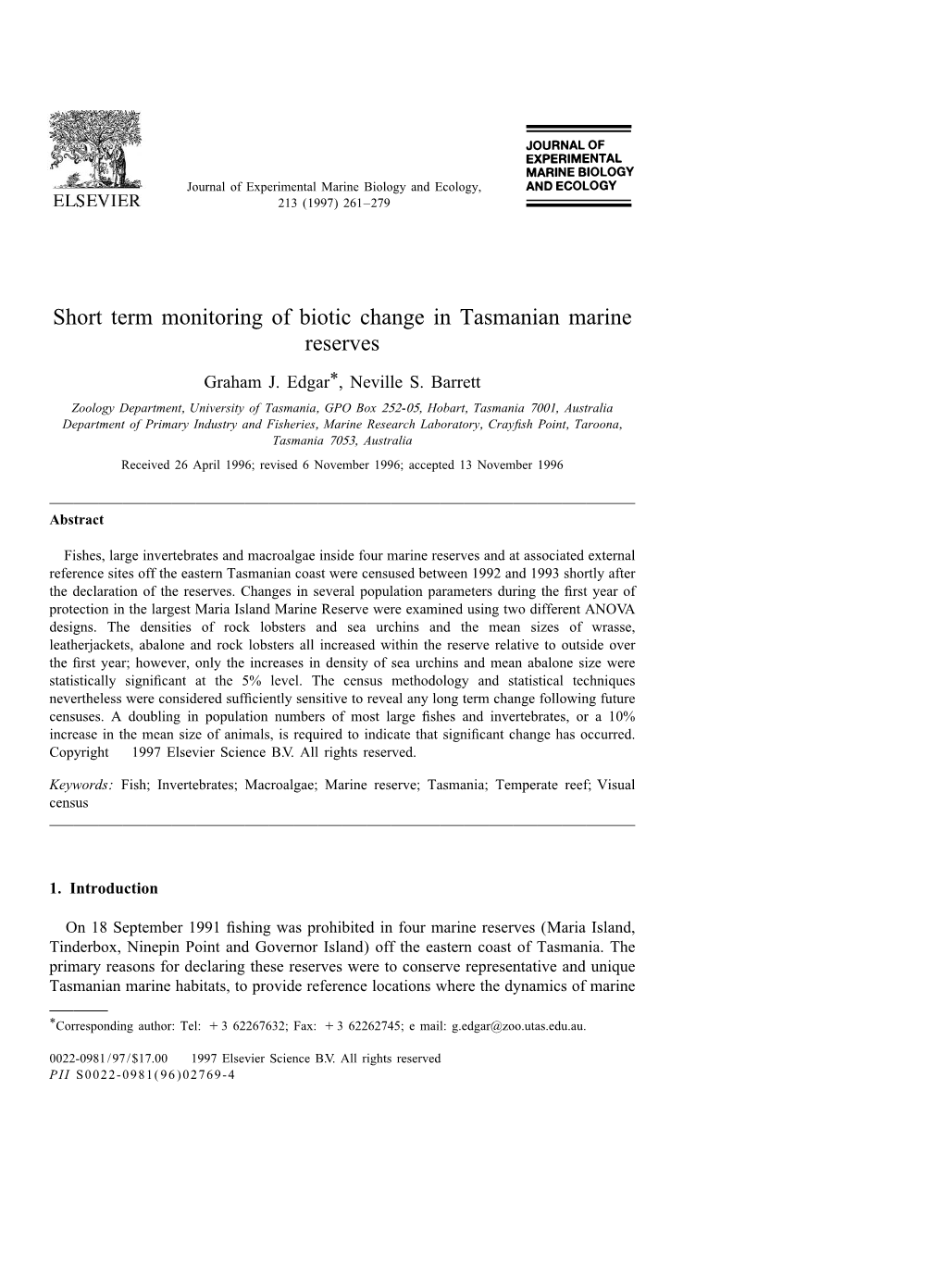 Short Term Monitoring of Biotic Change in Tasmanian Marine Reserves