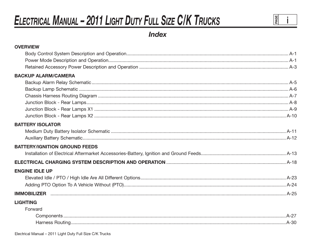 Electrical Manual – 2011 Light Duty Full Size C/K Trucks PAGE I Index