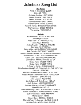 Jukeboxx Song List