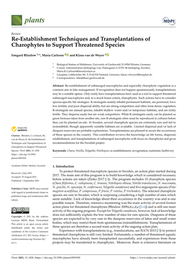 Re-Establishment Techniques and Transplantations of Charophytes to Support Threatened Species