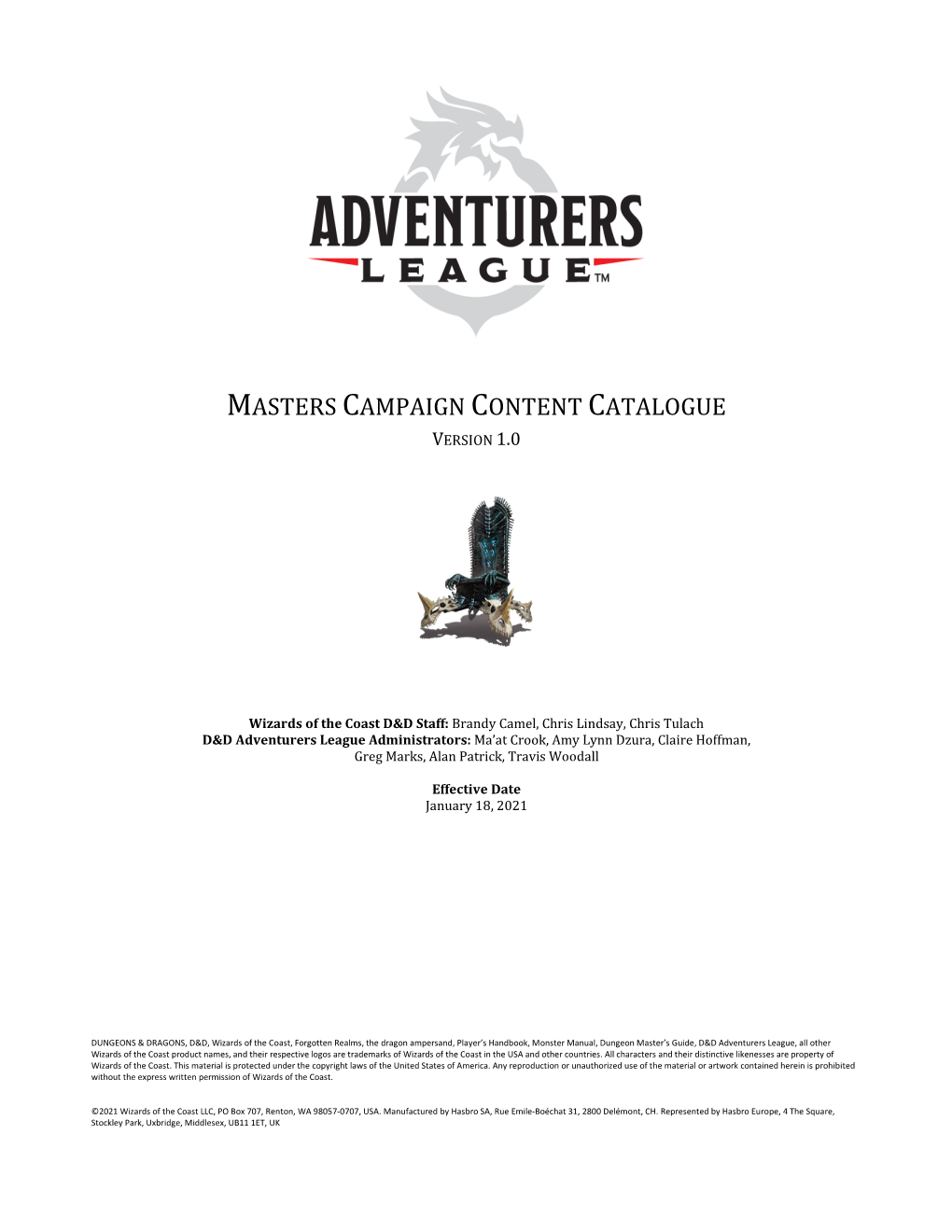 Masters Campaign Content Catalogue Version 1.0