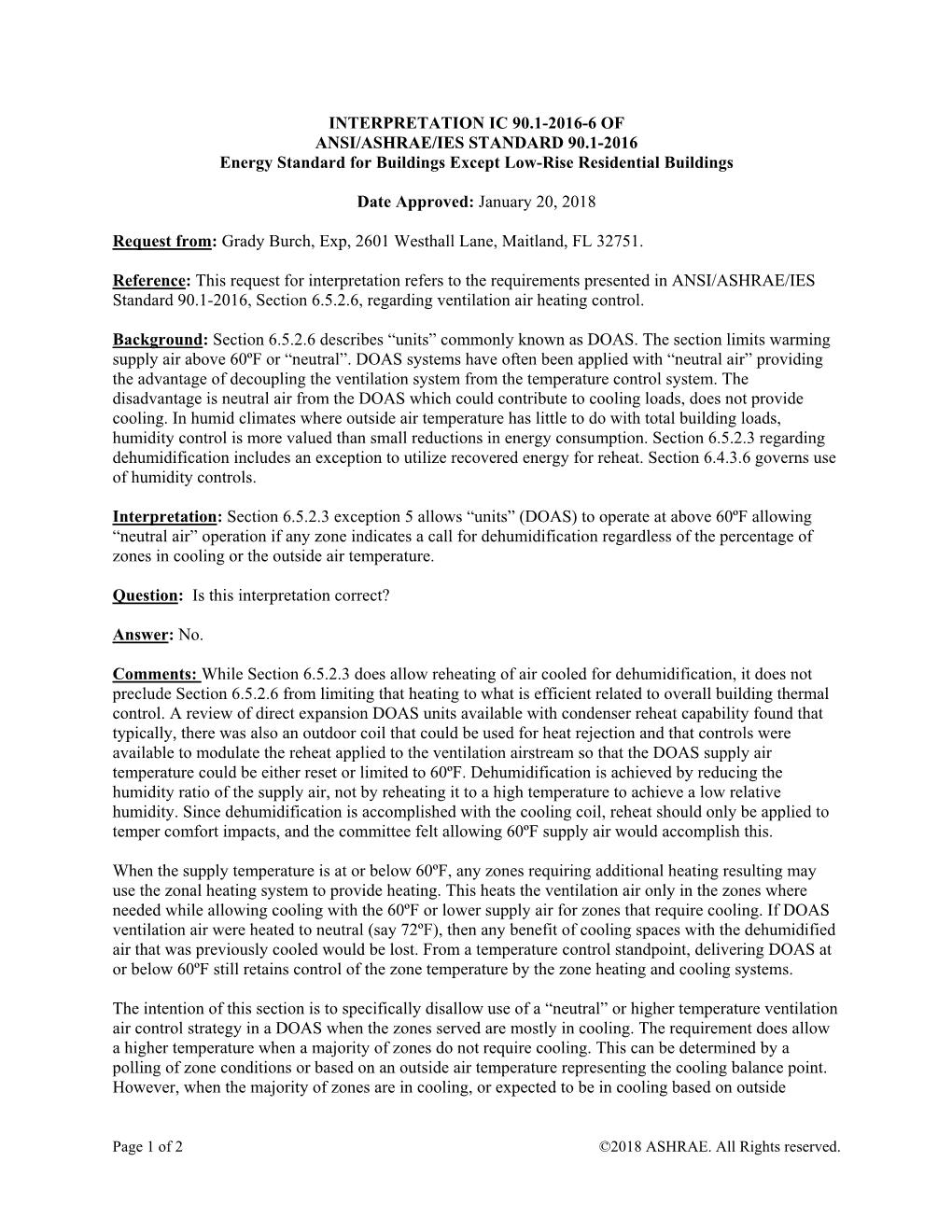 INTERPRETATION IC 90.1-2016-6 of ANSI/ASHRAE/IES STANDARD 90.1-2016 Energy Standard for Buildings Except Low-Rise Residential Buildings