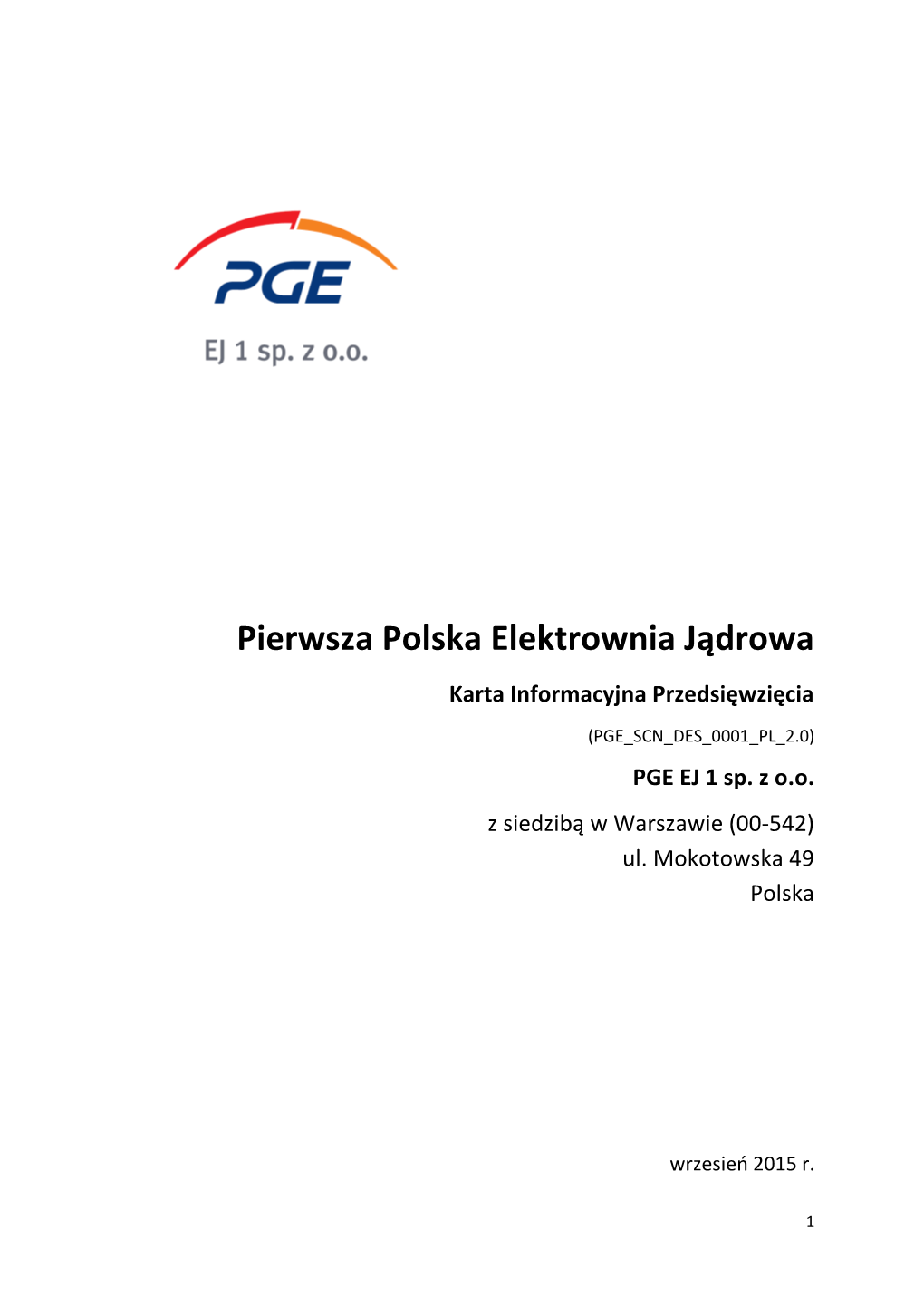 Pierwsza Polska Elektrownia Jądrowa Karta Informacyjna Przedsięwzięcia ...