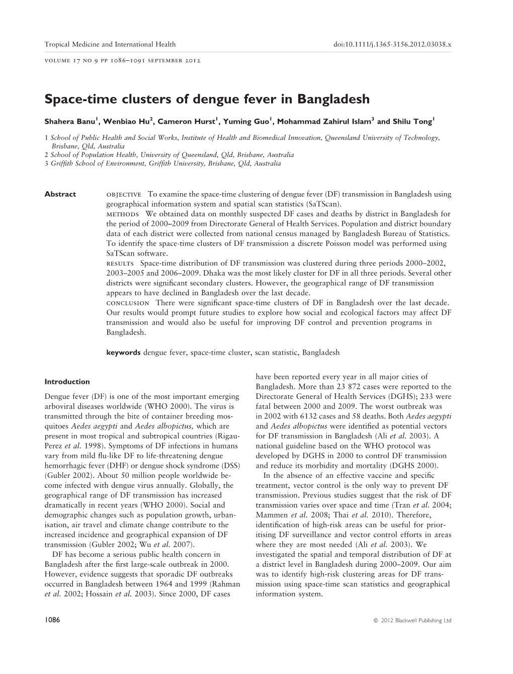 Spacetime Clusters of Dengue Fever in Bangladesh