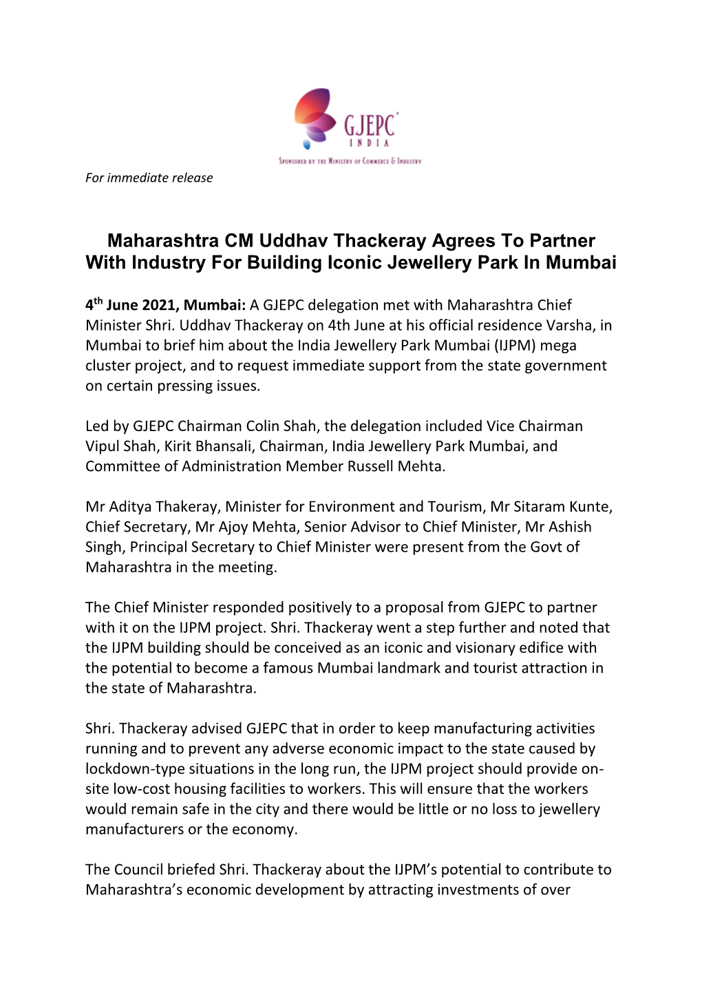 Maharashtra CM Uddhav Thackeray Agrees to Partner with Industry for Building Iconic Jewellery Park in Mumbai