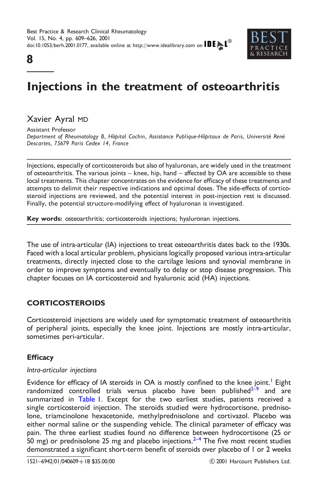 Injections in the Treatment of Osteoarthritis