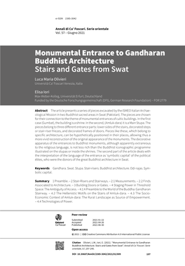 Monumental Entrance to Gandharan Buddhist Architecture Stairs and Gates from Swat Luca Maria Olivieri Università Ca’ Foscari Venezia, Italia