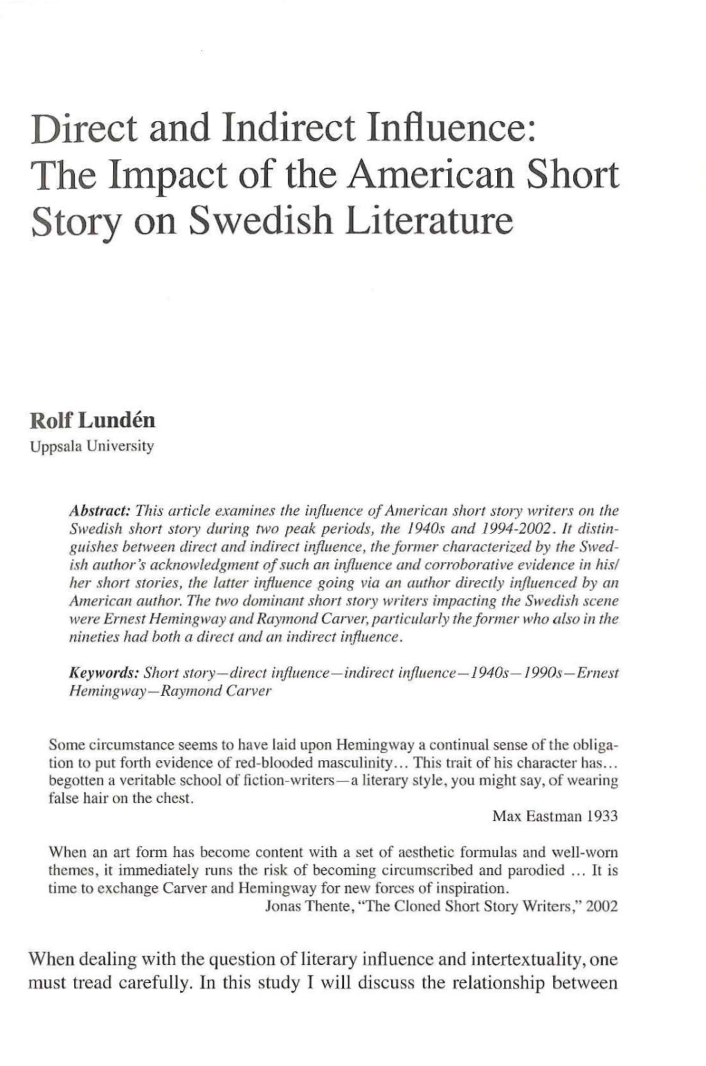 Direct and Indirect Influence: the Impact of the American Short Story on Swedish Literature