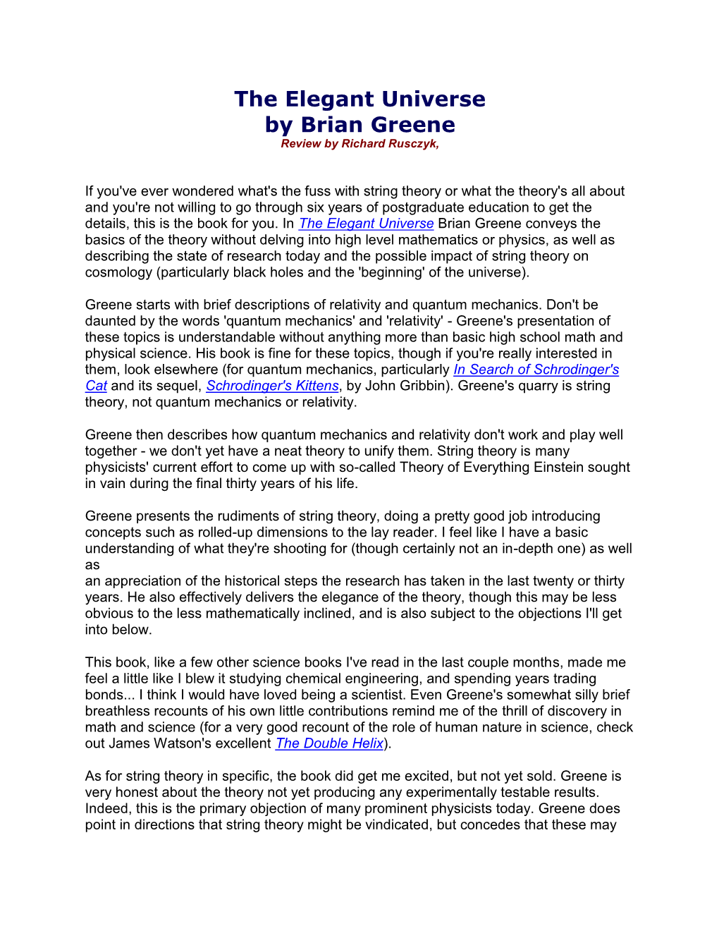 The Elegant Universe by Brian Greene Review by Richard Rusczyk