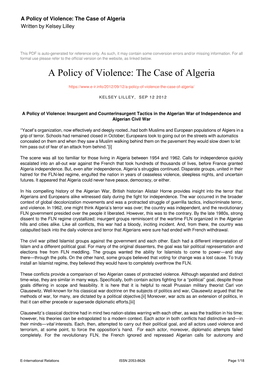 A Policy of Violence: the Case of Algeria Written by Kelsey Lilley