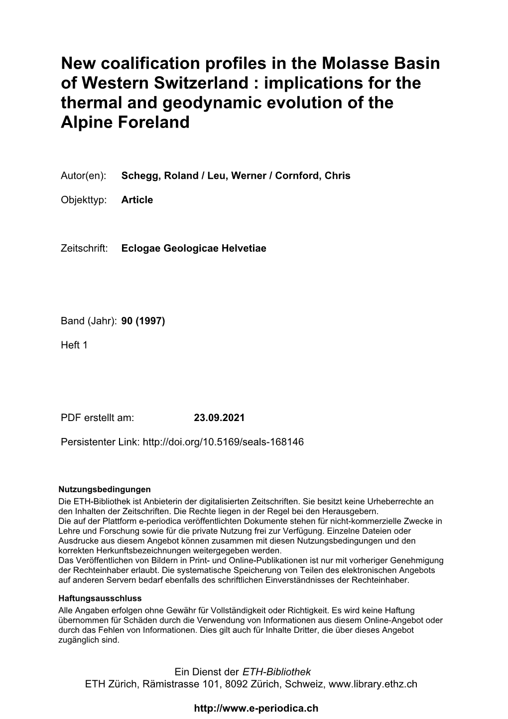 New Coalification Profiles in the Molasse Basin of Western Switzerland : Implications for the Thermal and Geodynamic Evolution of the Alpine Foreland