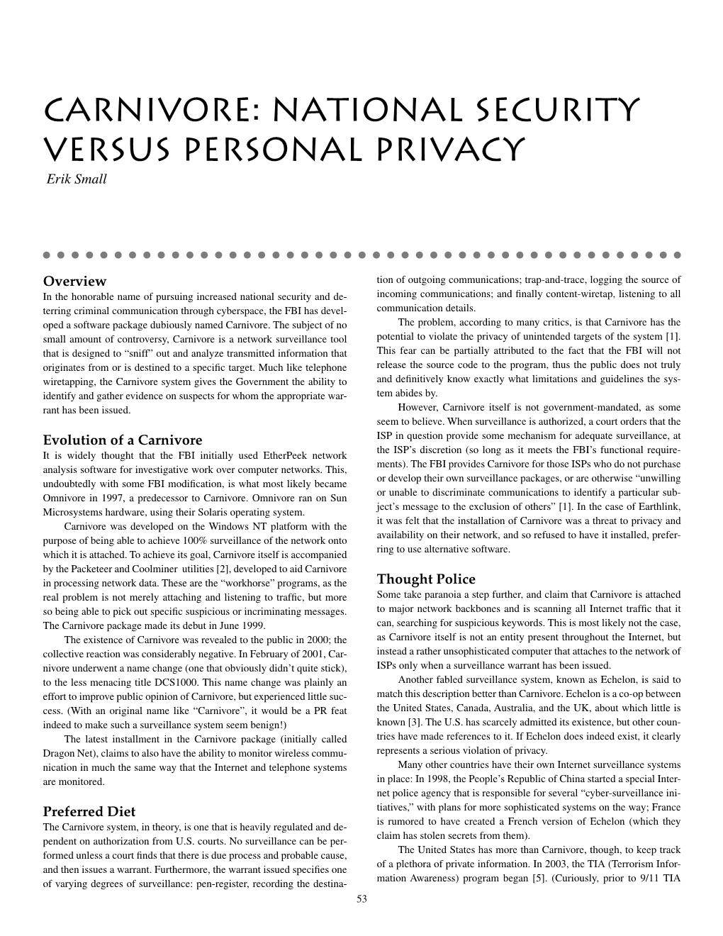 Carnivore: National Security Versus Personal Privacy