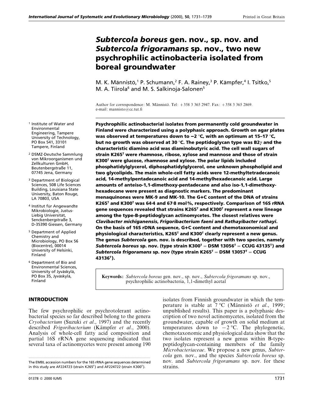 Subtercola Boreus Gen. Nov., Sp. Nov. and Subtercola Frigoramans Sp. Nov., Two New Psychrophilic Actinobacteria Isolated from Boreal Groundwater