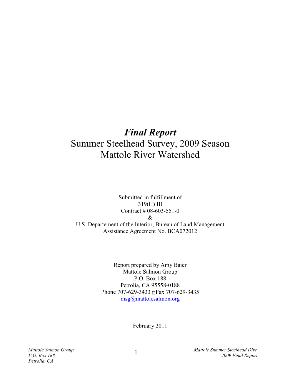 MSG Summer Steelhead Dive Final Report 2009