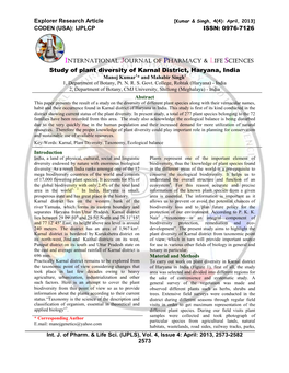 Study of Plant Diversity of Karnal District, Haryana, India Manoj Kumar 1* and Mahabir Singh 2 1, Department of Botany, Pt