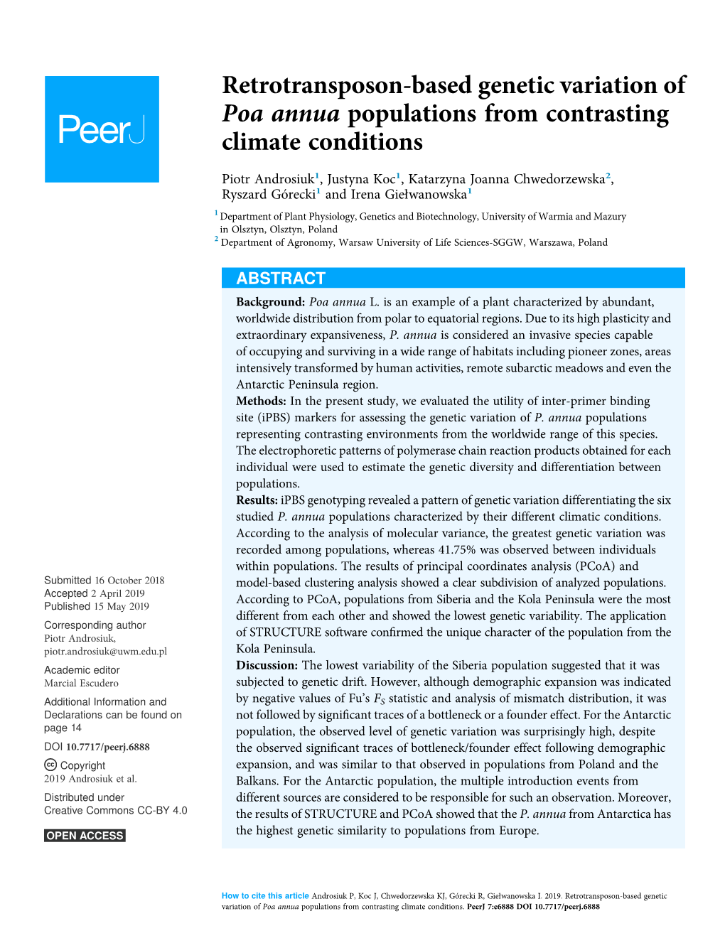 Retrotransposon-Based Genetic Variation of Poa Annua Populations from Contrasting Climate Conditions