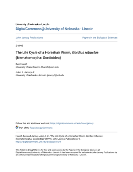 The Life Cycle of a Horsehair Worm, Gordius Robustus (Nematomorpha: Gordioidea)