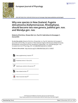 Why One Species in New Zealand, Pugetia Delicatissima (Kallymeniaceae, Rhodophyta), Should Become Two New Genera, Judithia Gen. Nov