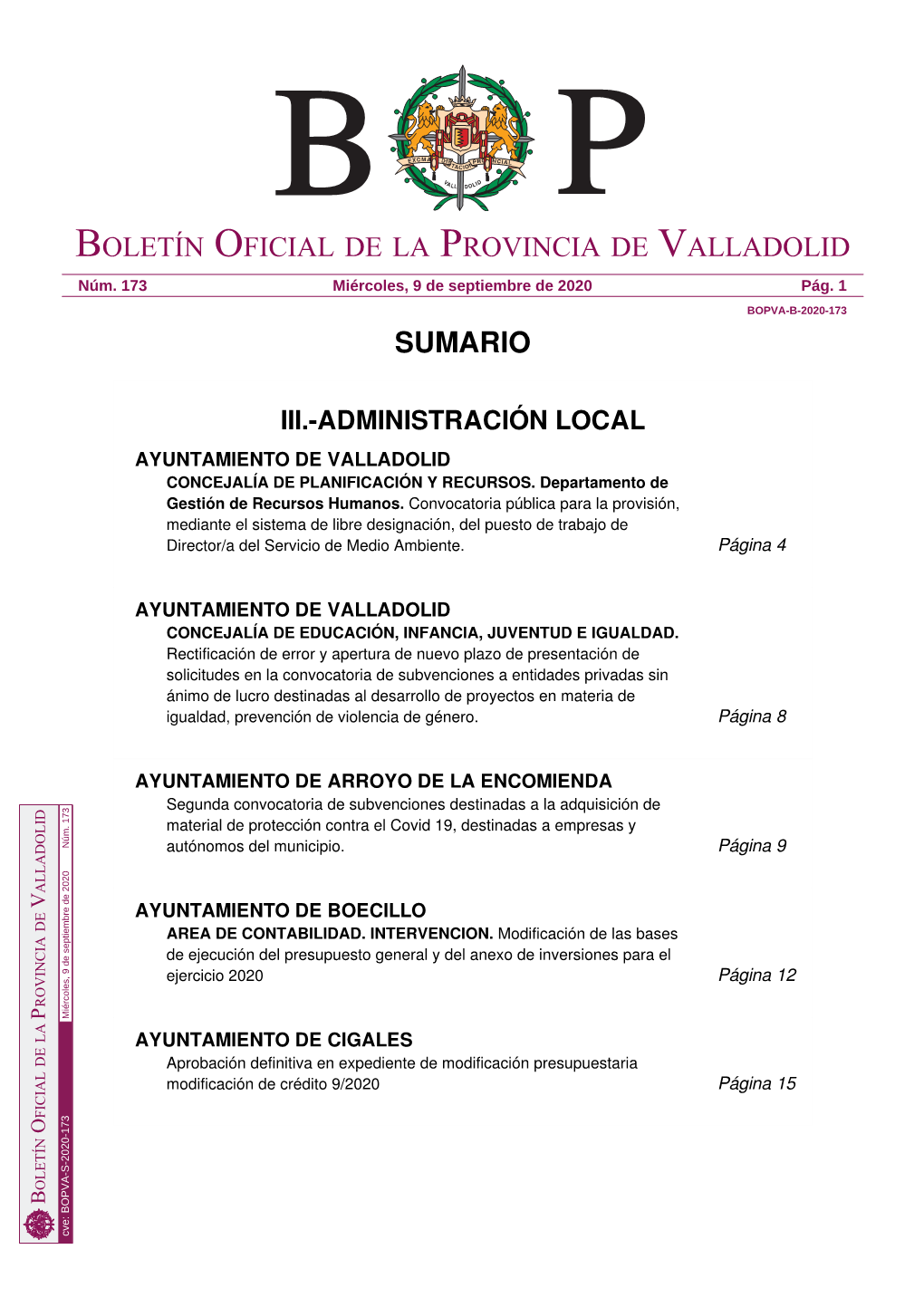 Sumario Boletín Oficial De La Provincia De Valladolid