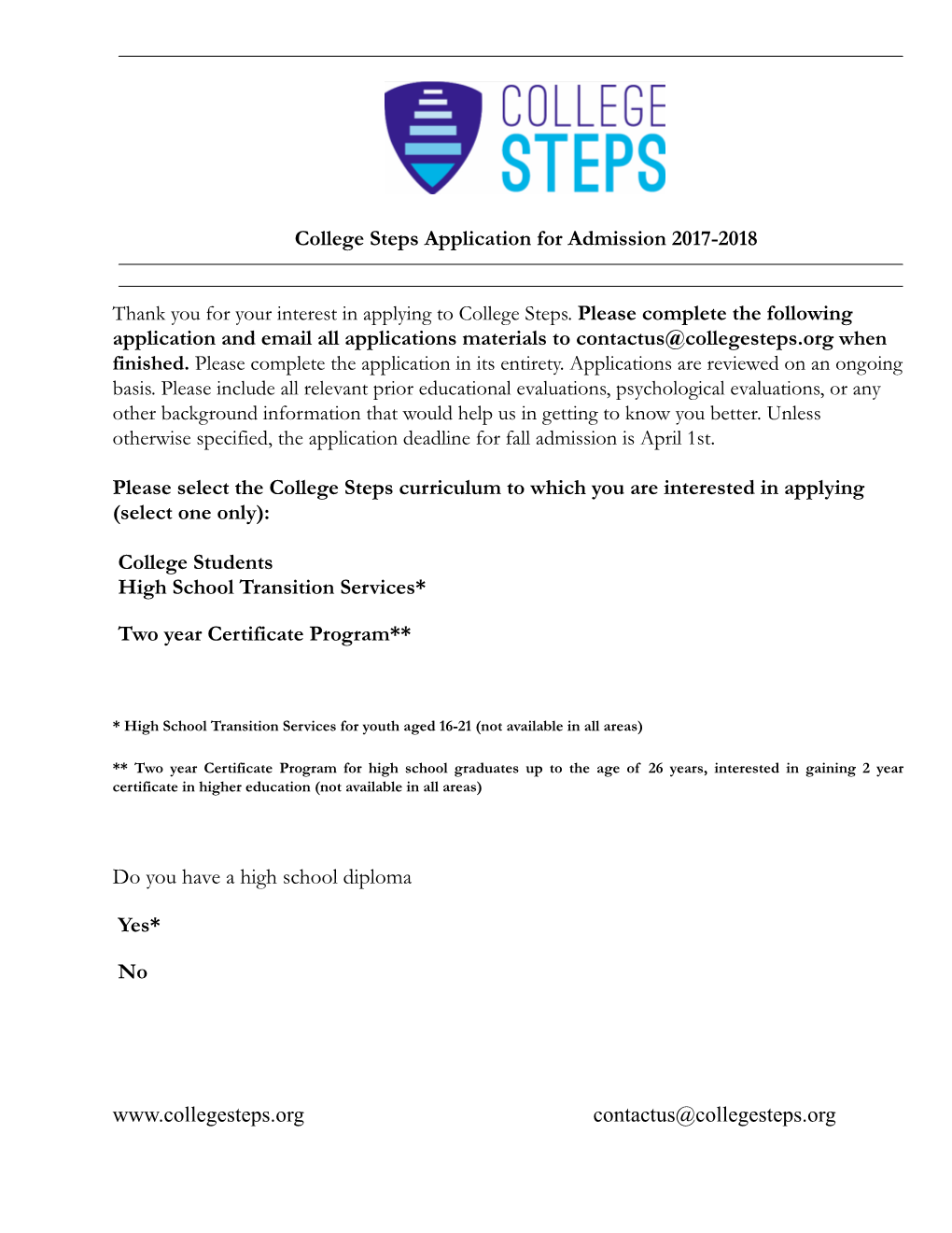 College Steps Student Application 2