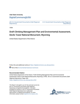 Draft Climbing Management Plan and Environmental Assessment, Devils Tower National Monument, Wyoming