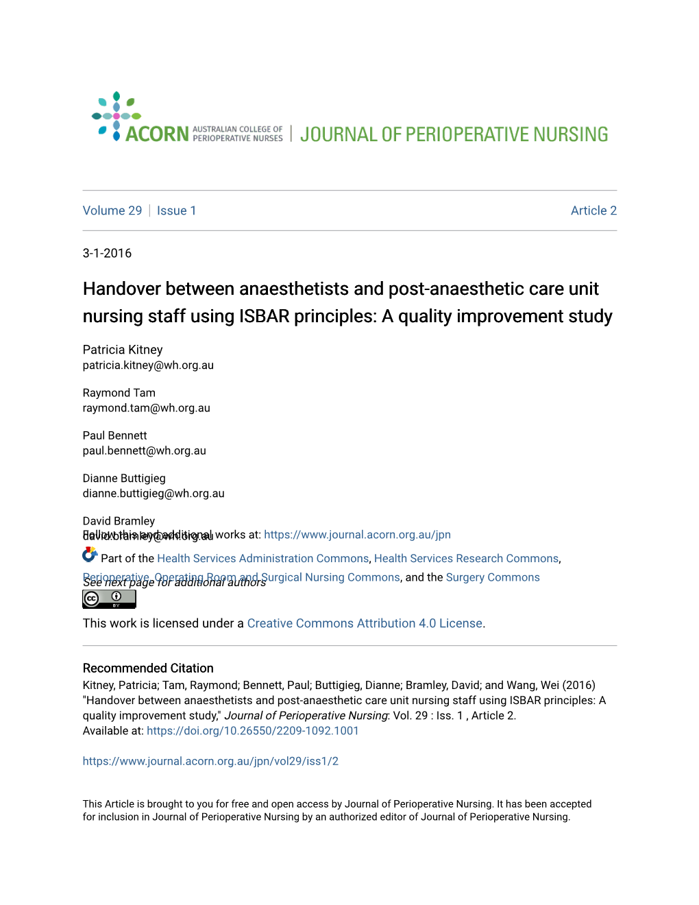 Handover Between Anaesthetists And Post-Anaesthetic Care Unit Nursing ...