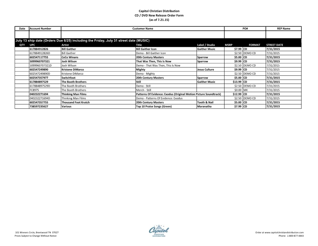 Capitol Christian Distribution CD / DVD New Release Order Form (As of 7.21.15)