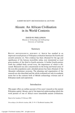 Aksum: an African Civilisation in Its World Contexts