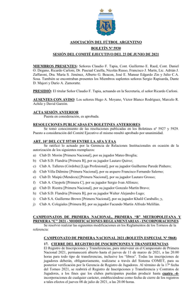 Asociación Del Fútbol Argentino Boletín Nº 5930 Sesión Del Comité Ejecutivo Del 23 De Junio De 2021