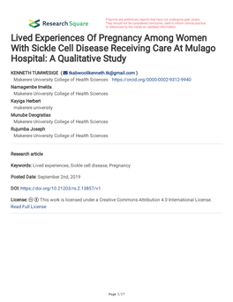 Lived Experiences of Pregnancy Among Women with Sickle Cell Disease Receiving Care at Mulago Hospital: a Qualitative Study