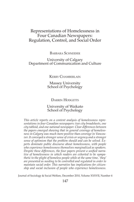 Representations of Homelessness in Four Canadian Newspapers: Regulation, Control, and Social Order