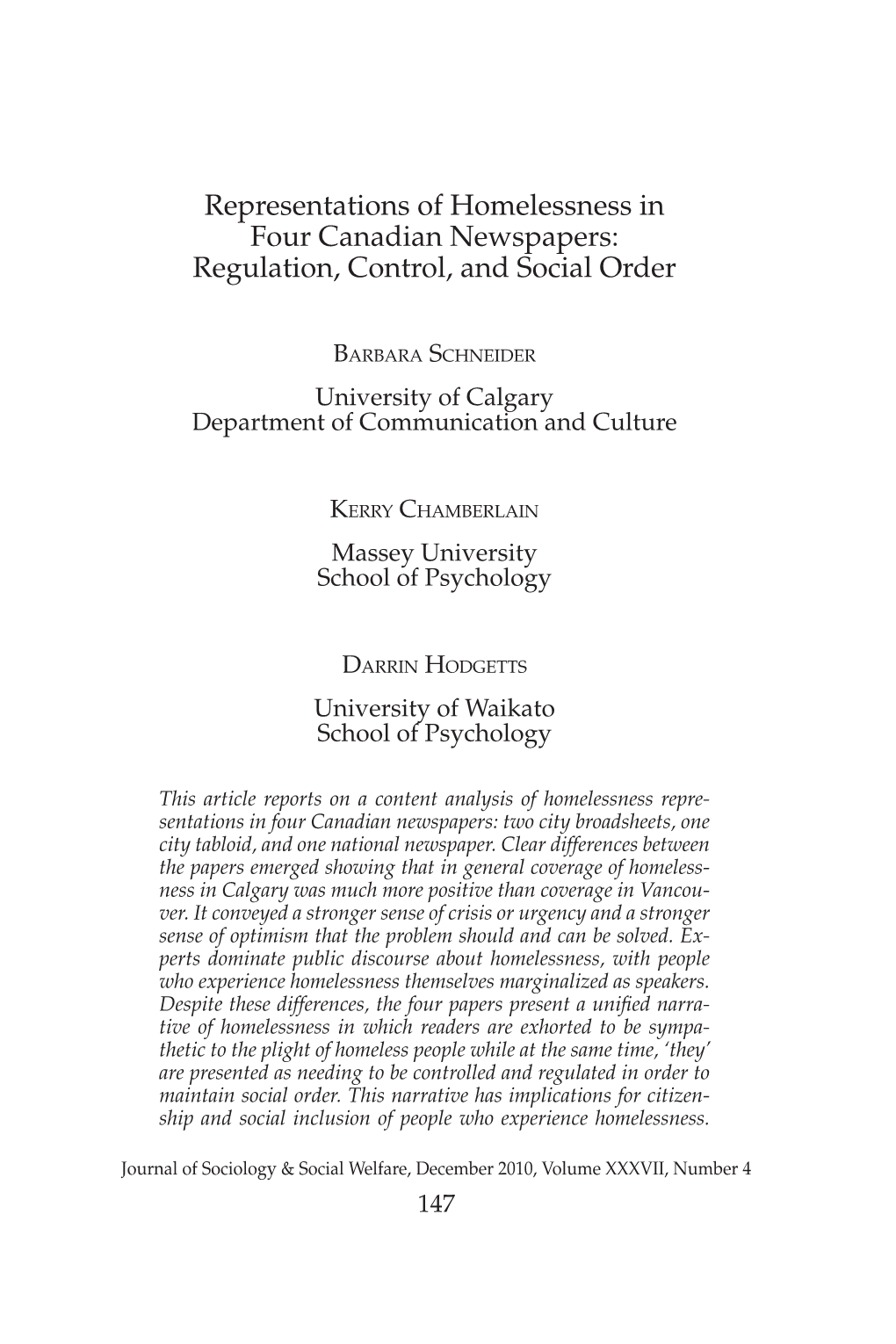 Representations of Homelessness in Four Canadian Newspapers: Regulation, Control, and Social Order