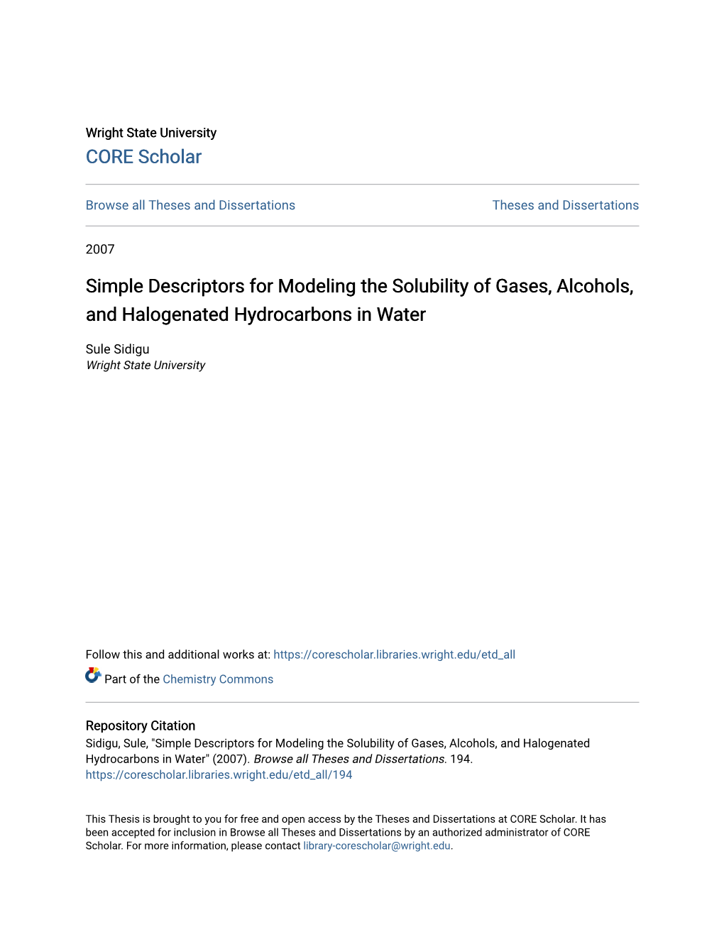 Simple Descriptors for Modeling the Solubility of Gases, Alcohols, and Halogenated Hydrocarbons in Water