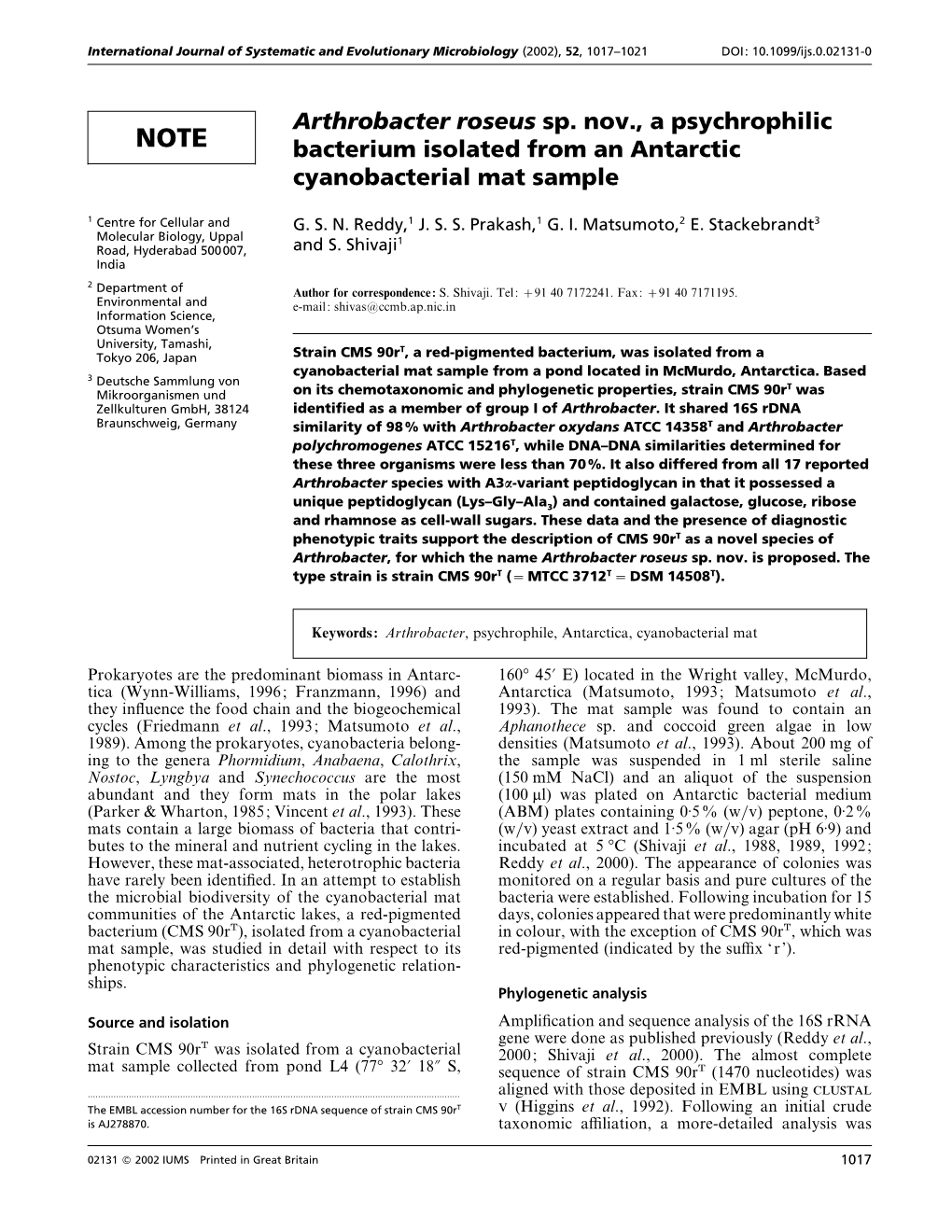 Arthrobacter Roseus Sp. Nov., a Psychrophilic Bacterium Isolated from an Antarctic Cyanobacterial Mat Sample